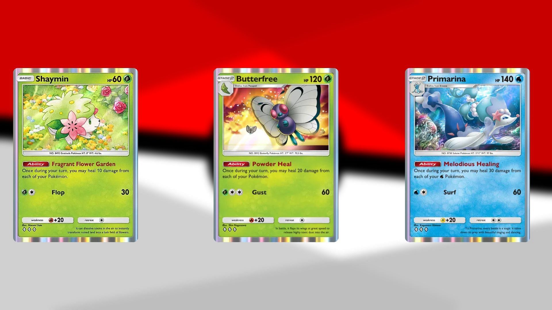 Shaymin, Butterfree, and Primarina in PTCGP (Image via TPC)